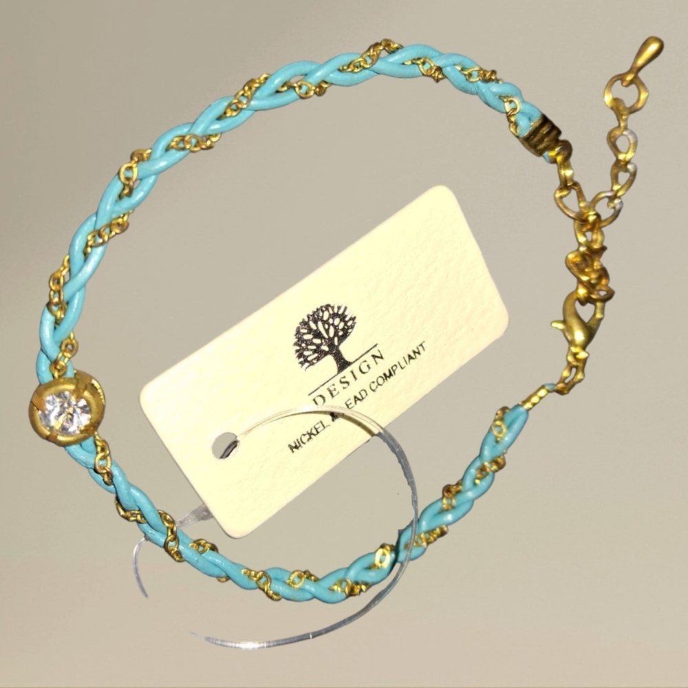 3/25$ Bracelet Braided Cord & Chain Teal Adjustable Rhinestone Goldtone